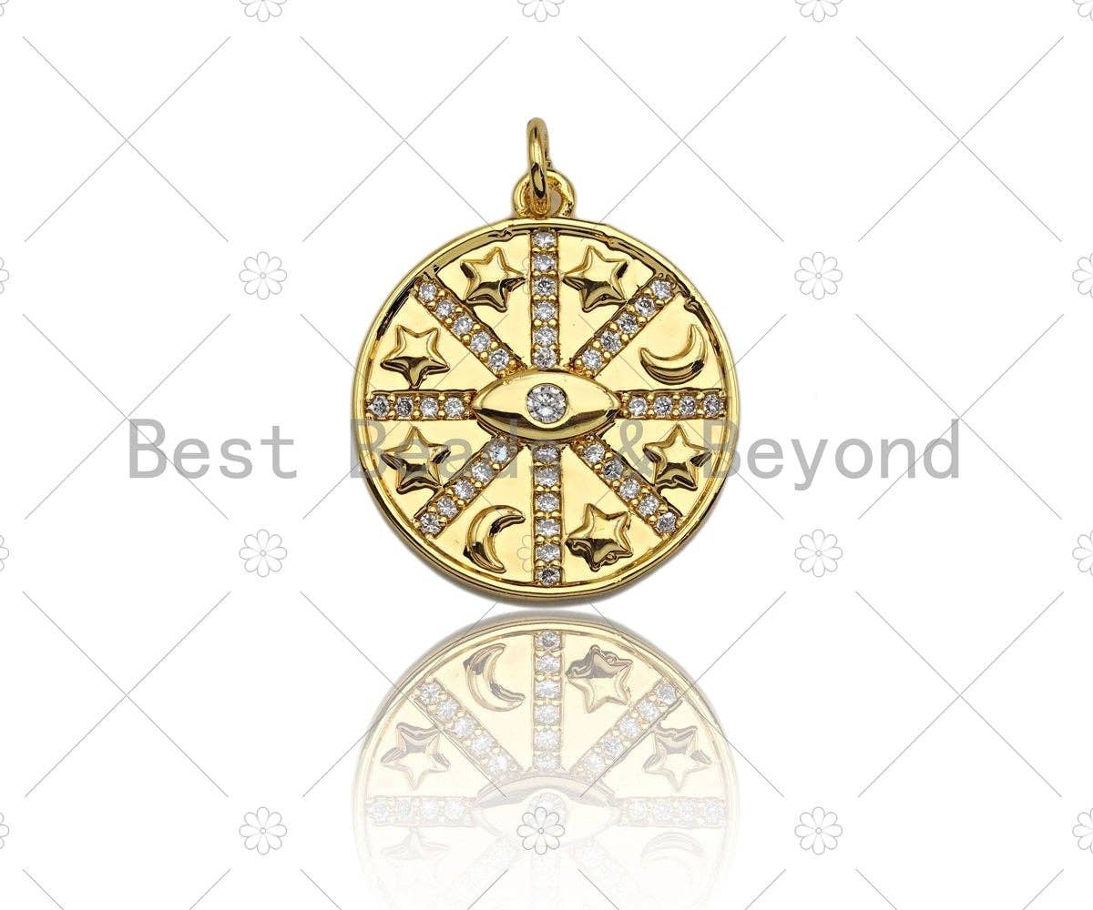 Clear CZ Micro Pave Evil Eye Star On Round Coin Shaped Pendant/Charm, Star Cubic Zirconia Pendant Charm, 20mm,sku#Y334