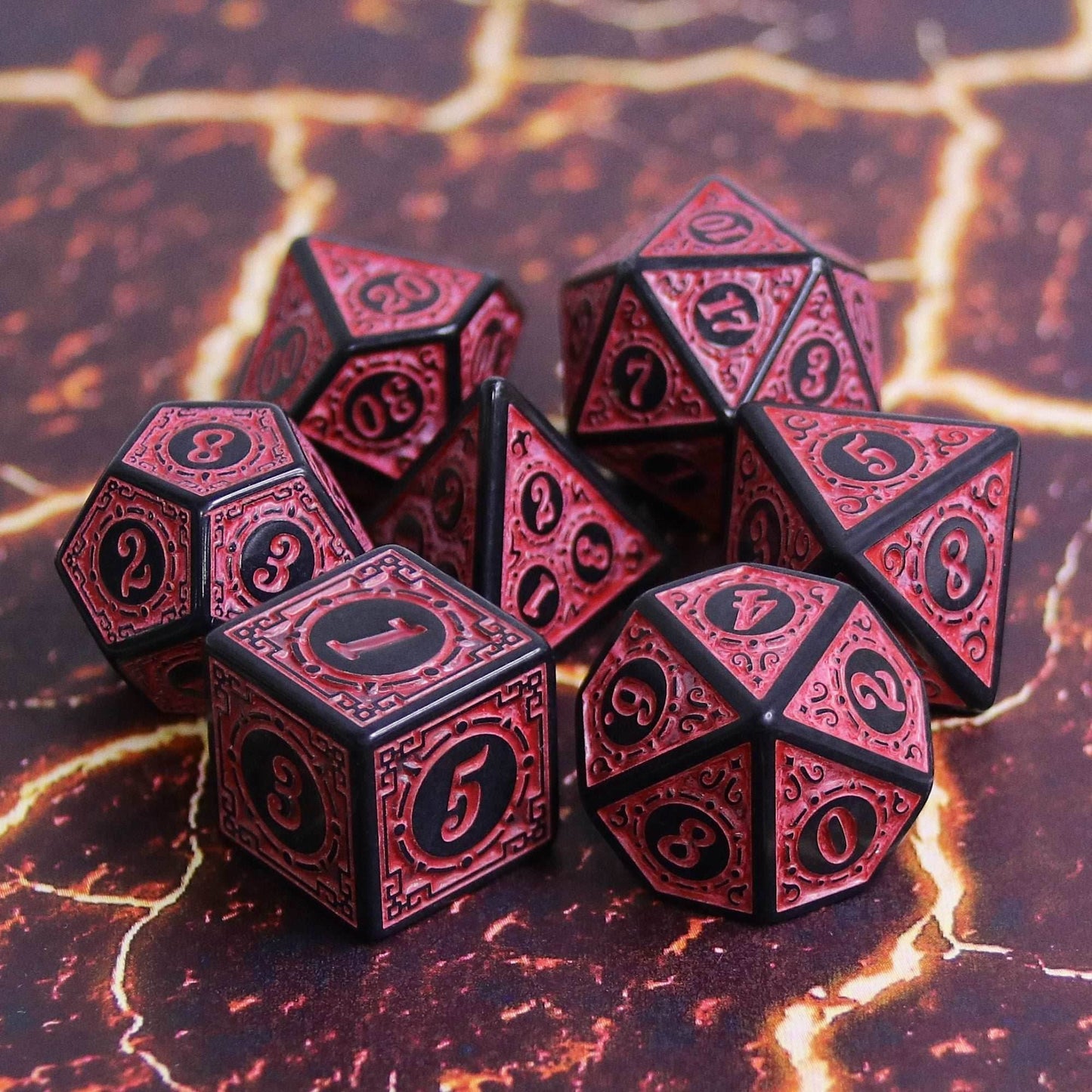 Red Magic Flame 7-Dice Set DND RPG Dice Black w/Color Fill - 