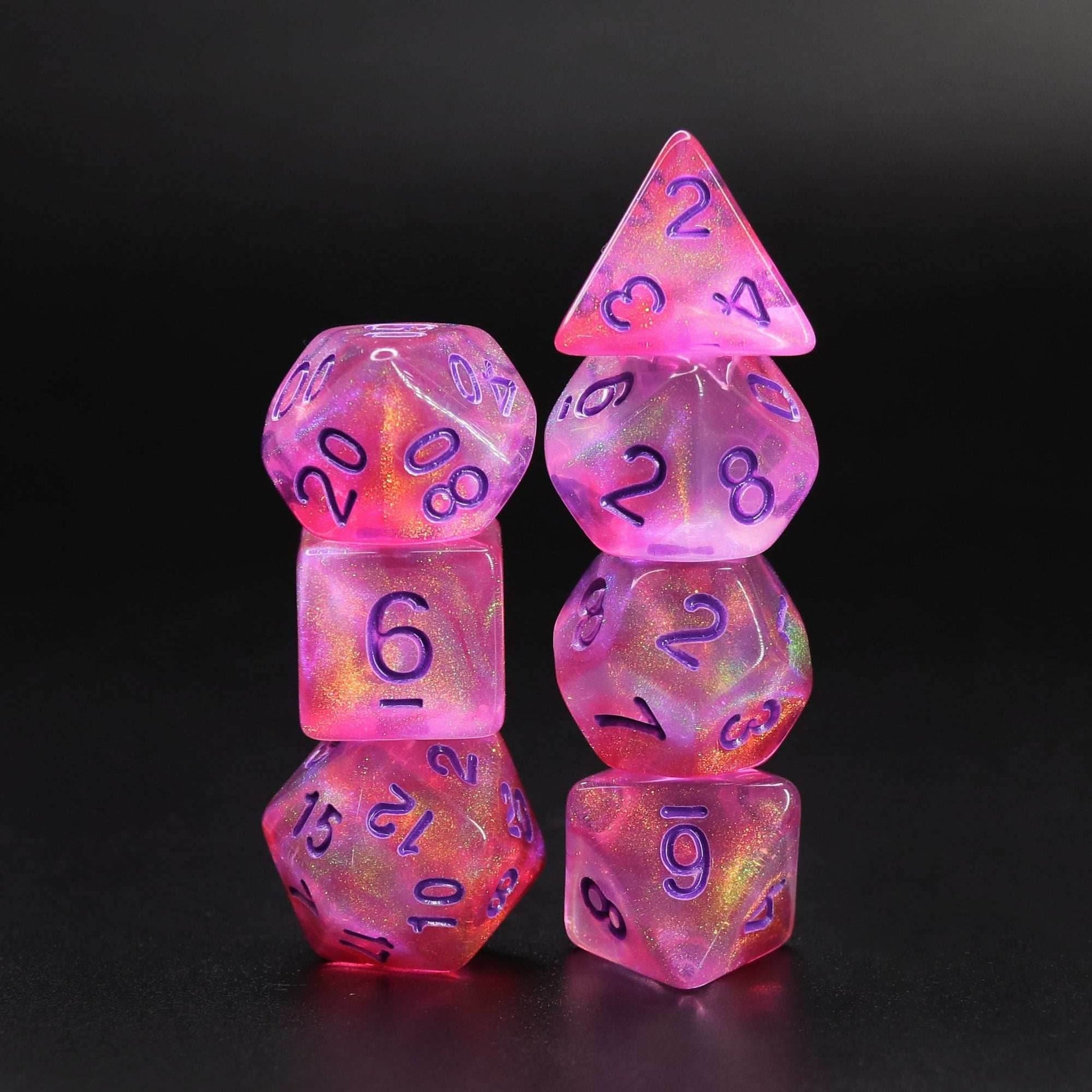 Cheshire Glitter Pink with Purple Numbering 7-Dice Set RPG - 