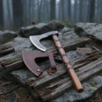 Viking-Style Skeggøx Bearded Damascus Camp Axe with Wrapped Hardwood Shaft and Leather Sheath