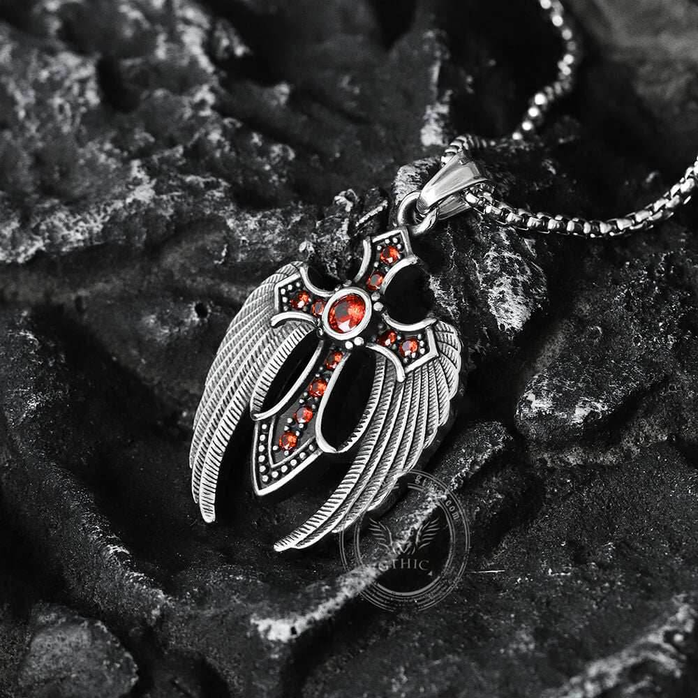 Fallen Angel Wings Stainless Steel Gem Pendant - Stainless Steel / Black