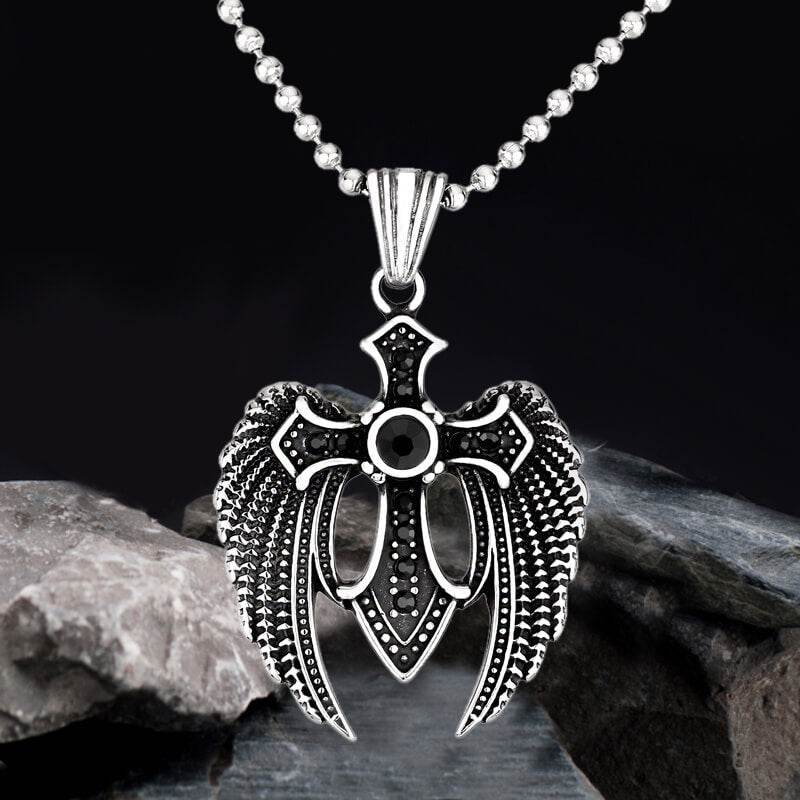 Fallen Angel Wings Stainless Steel Gem Pendant - Stainless Steel / Black