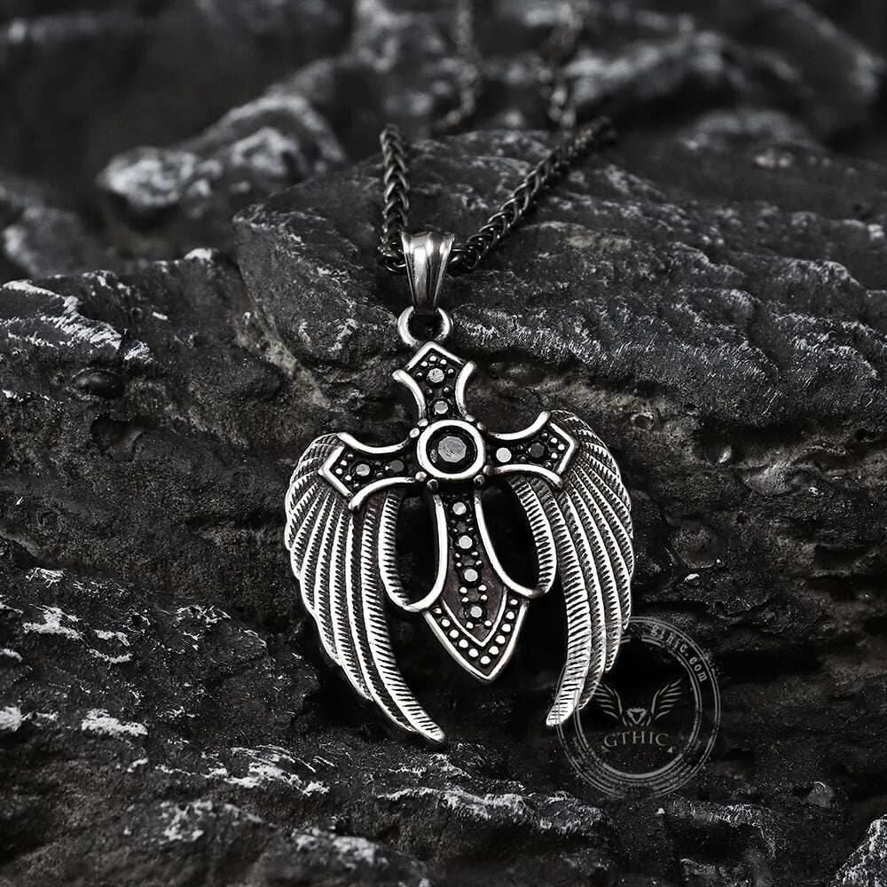 Fallen Angel Wings Stainless Steel Gem Pendant - Stainless Steel / Black