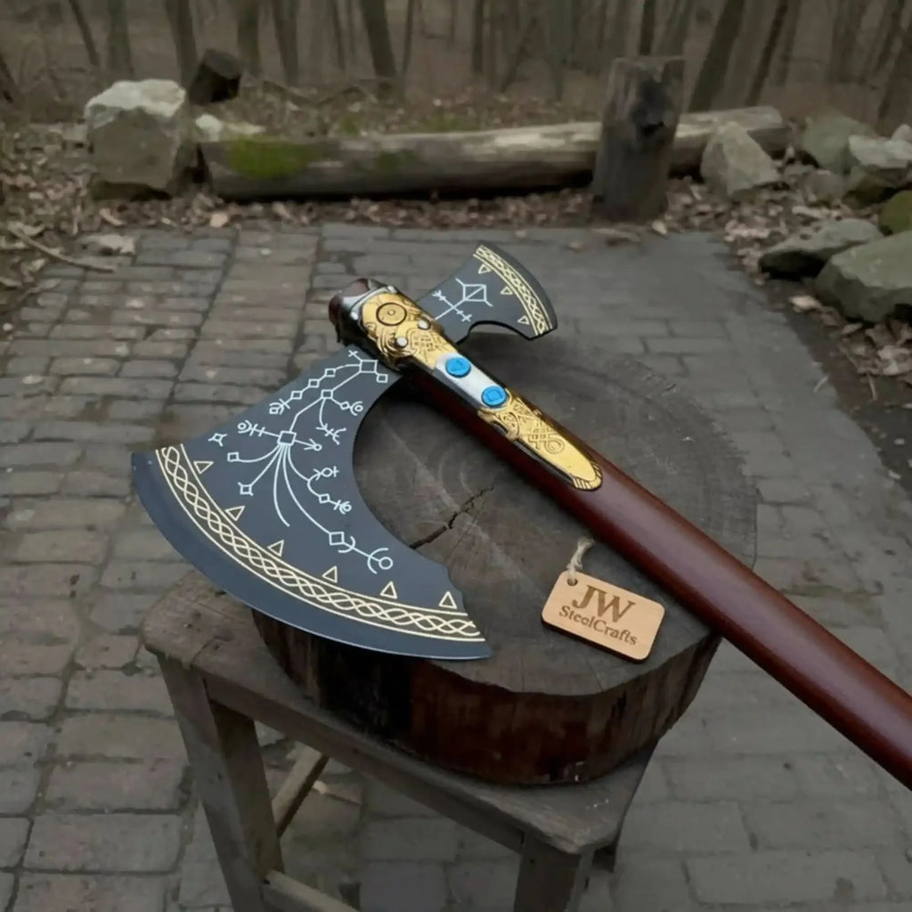 Hand-Forged Viking Double-Bit Fantasy Display Axe with Engraved Head