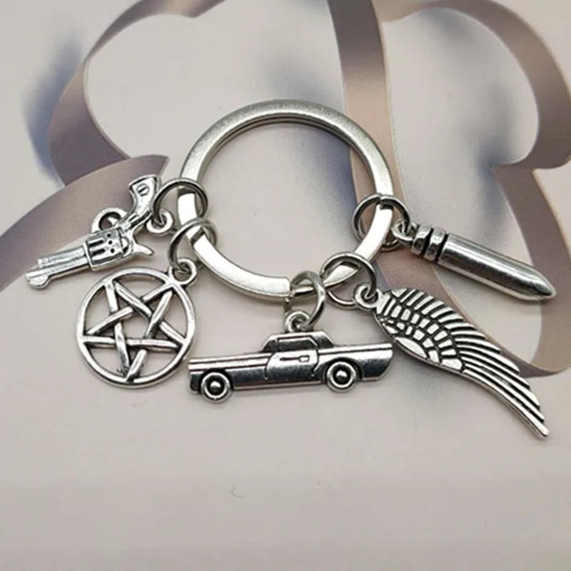 Fashion Movie Supernatural Keychain Dean Sun Pendant Keychain Retaining Ring Unisex Pentagram Metal Keychain