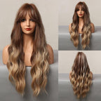 Fashionable Long Wavy Synthetic Wigs Brown to Blonde Ombre with Bangs Fake Hair for Women Daily Cosplay Party Heat Resistant Wigs For Black Women Gifts for Girlfriends