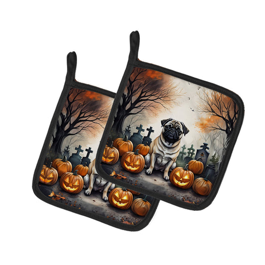 Fawn Pug Spooky Halloween Pair of Pot Holders Kitchen Heat Resistant Pot Holders Sets Oven Hot Pads for Cooking Baking BBQ, 7 1/2 x 7 1/2