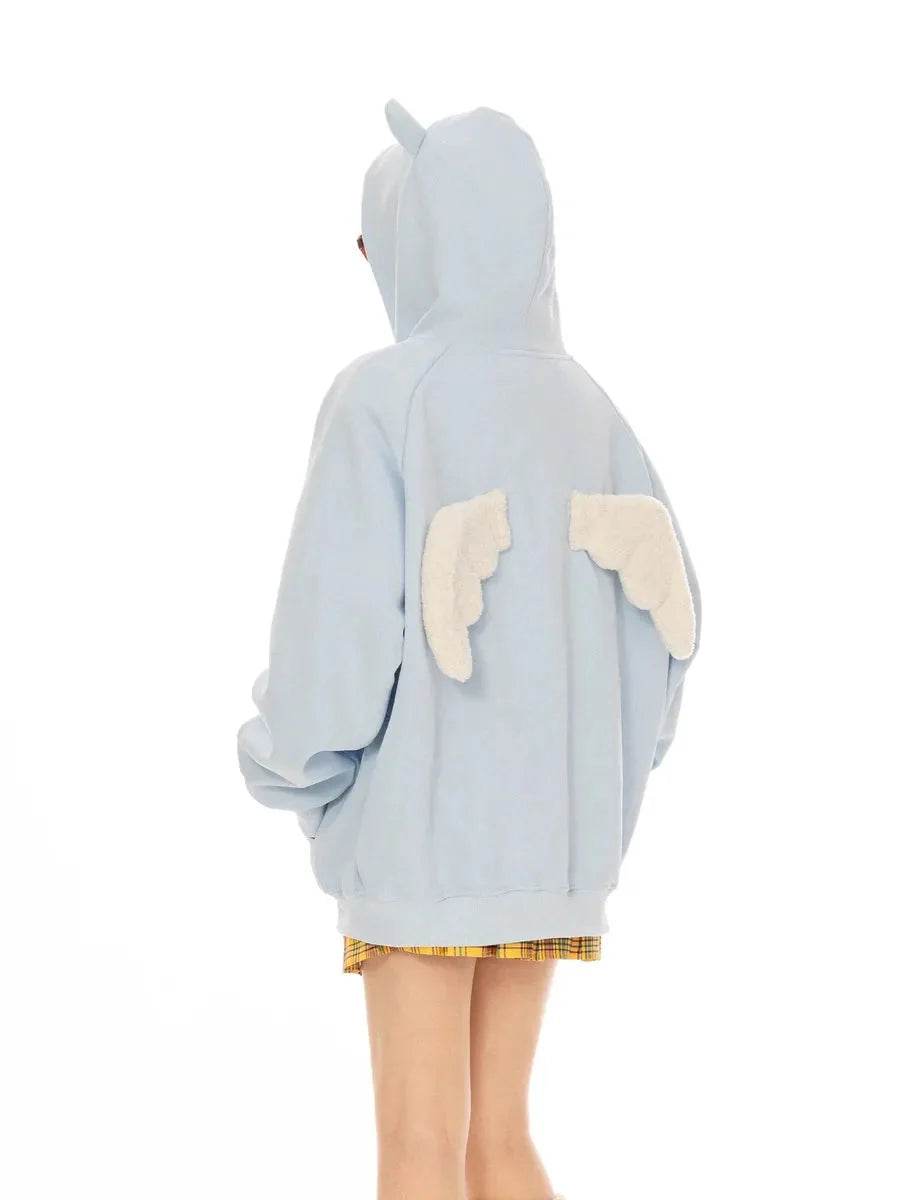 'Angels Here' Streetstyle Kawaii Star Pattern Angel Wings Hoodie - black / m