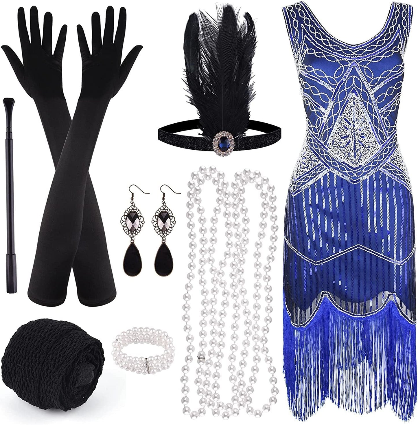 FEPITO 1920s V Neck Sequin Beaded Fringed Dress with 20s Accessories Set