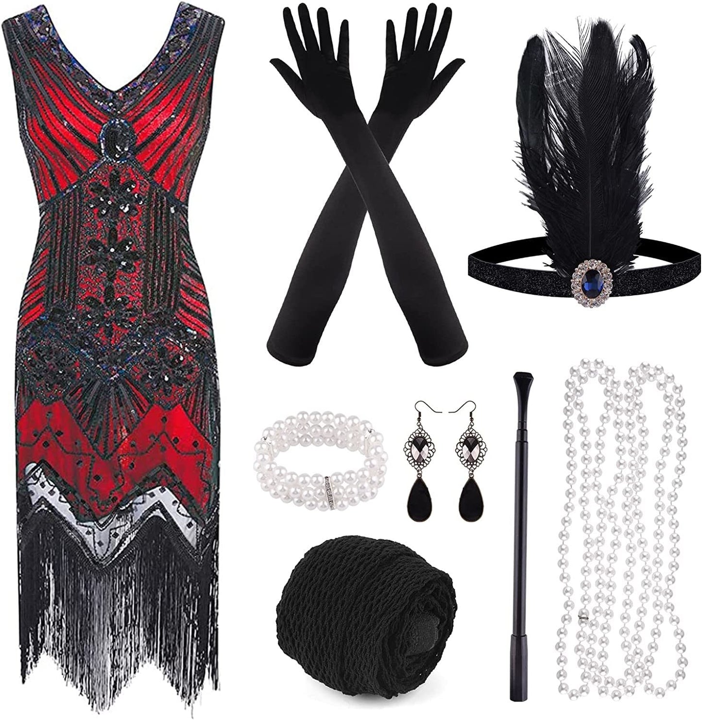 FEPITO 1920s V Neck Sequin Beaded Fringed Dress with 20s Accessories Set