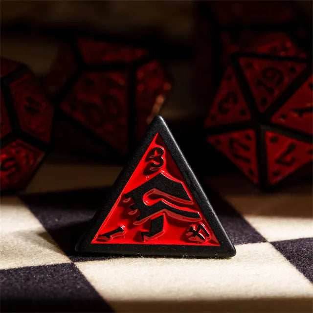 Black with Red Irregular Pattern Fill: 7-Piece Acrylic Dice Set - 
