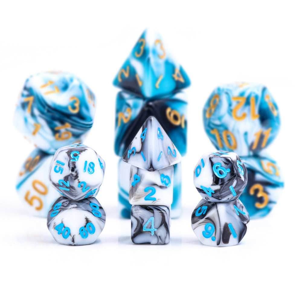 Black White Blend 7-Dice Mini-Dice RPG Set w/Blue Numbers Miniature Dice - 