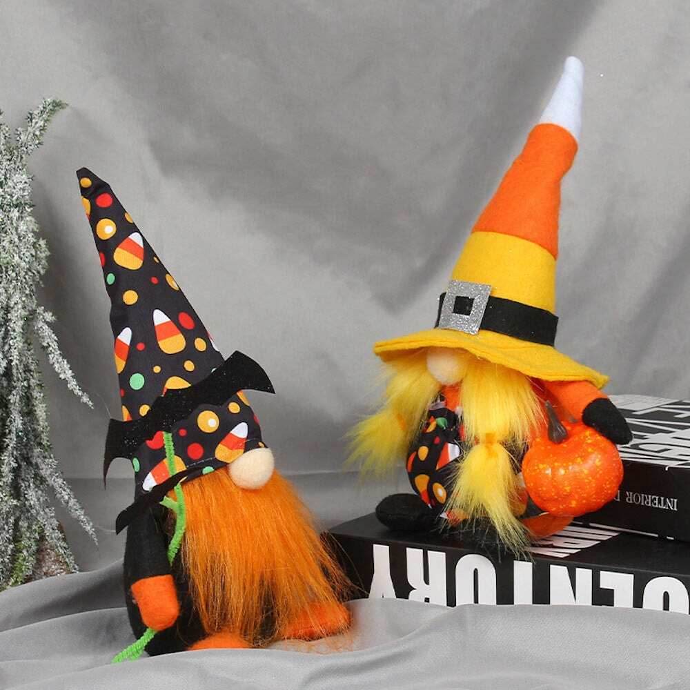 Candy Corn Themed Halloween Gnomes, Black Orange and Yellow Plush Colors - Set of Two