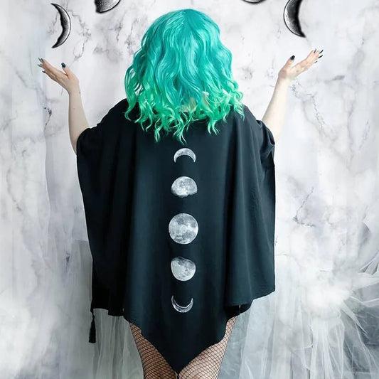 FICHOR Gothic Moon Phase Black Cloak for Women Fall Winter Geometric Y2k Graphic Goth Outwear Oversized Irregular Ponchos Ladies