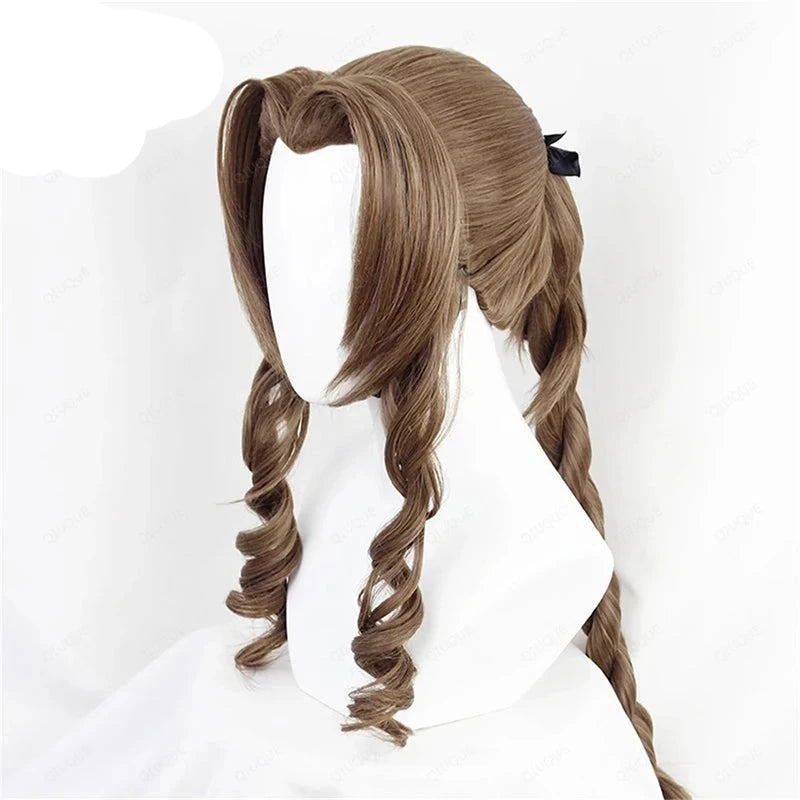 Final Fantasy VII Cosplay FF7 Aerith Gainsborough Wigs Cosplay Heat Resistant Synthetic Hair Brown Cosplay Wig + Free Wig Cap