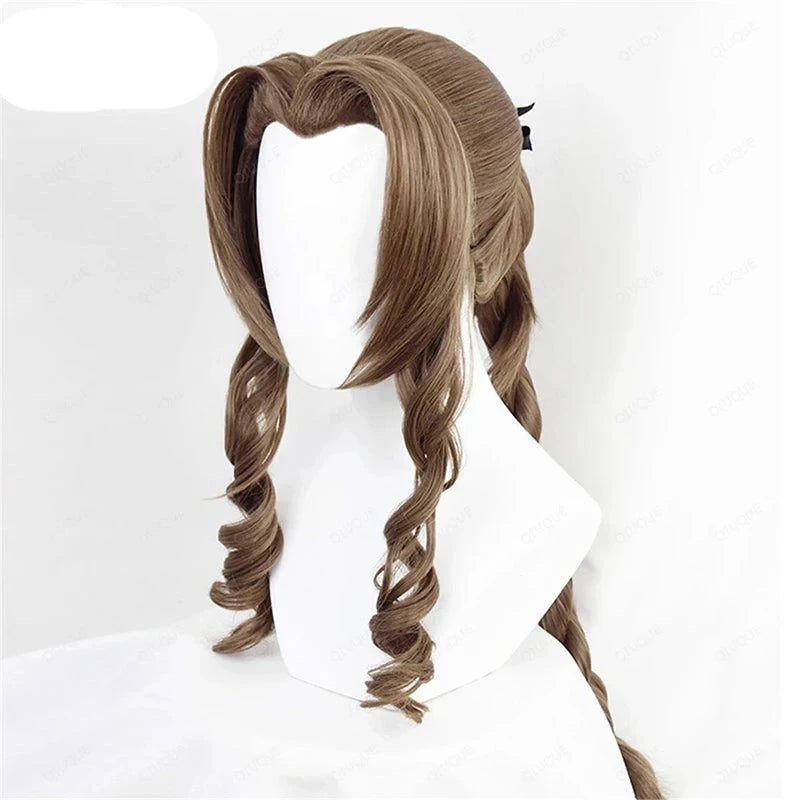 Final Fantasy VII Cosplay FF7 Aerith Gainsborough Wigs Cosplay Heat Resistant Synthetic Hair Brown Cosplay Wig + Free Wig Cap