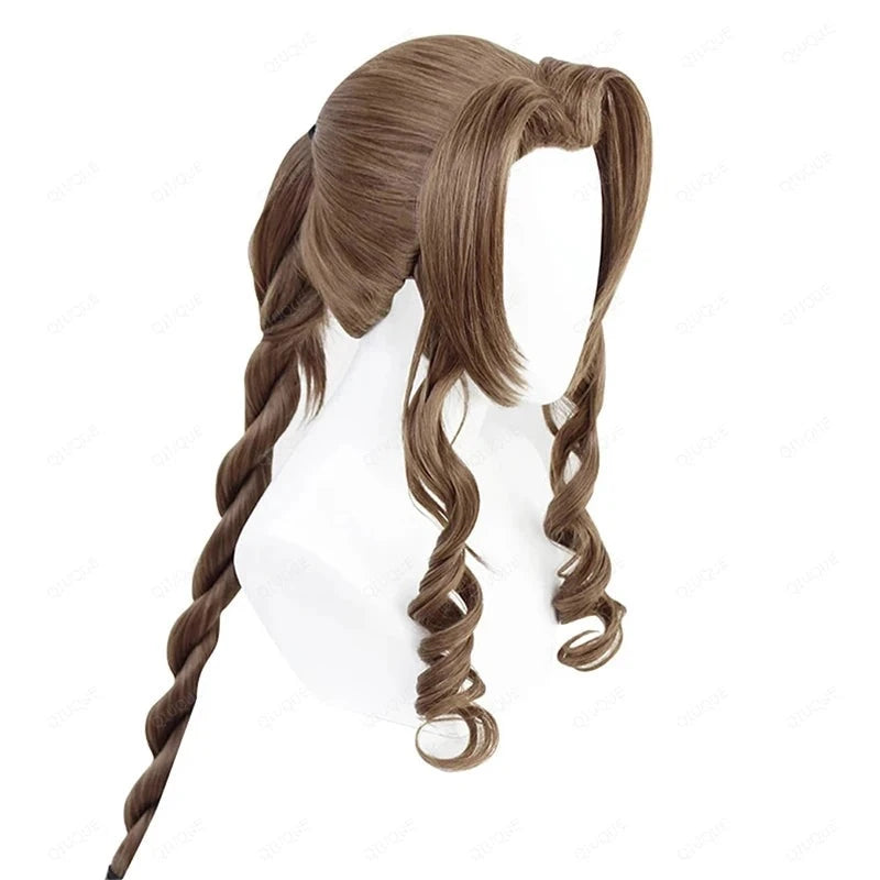 Final Fantasy VII Cosplay FF7 Aerith Gainsborough Wigs Cosplay Heat Resistant Synthetic Hair Brown Cosplay Wig + Free Wig Cap