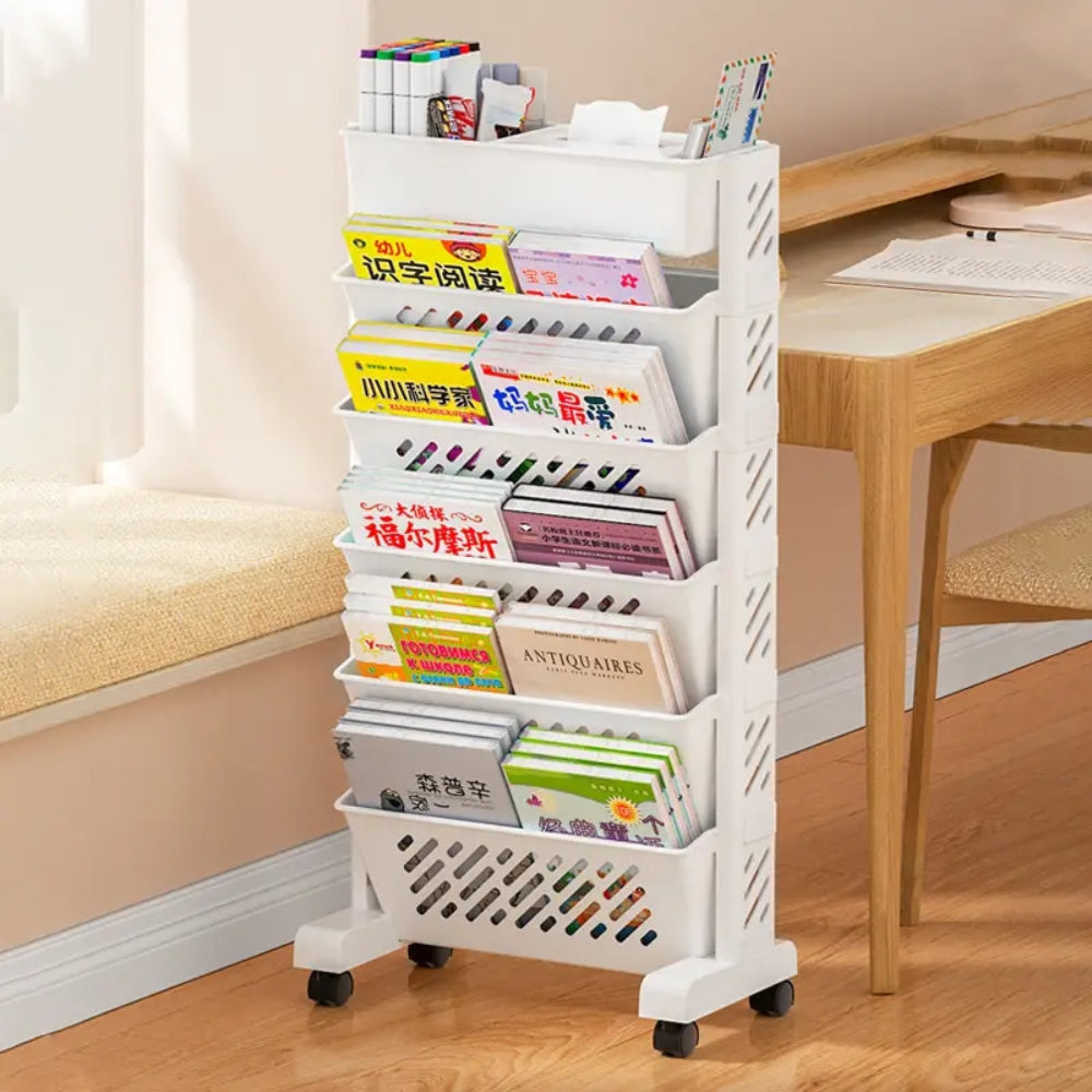 Floor Mounted Movable Bookshelf with Wheels Classroom Desk Storage Rack