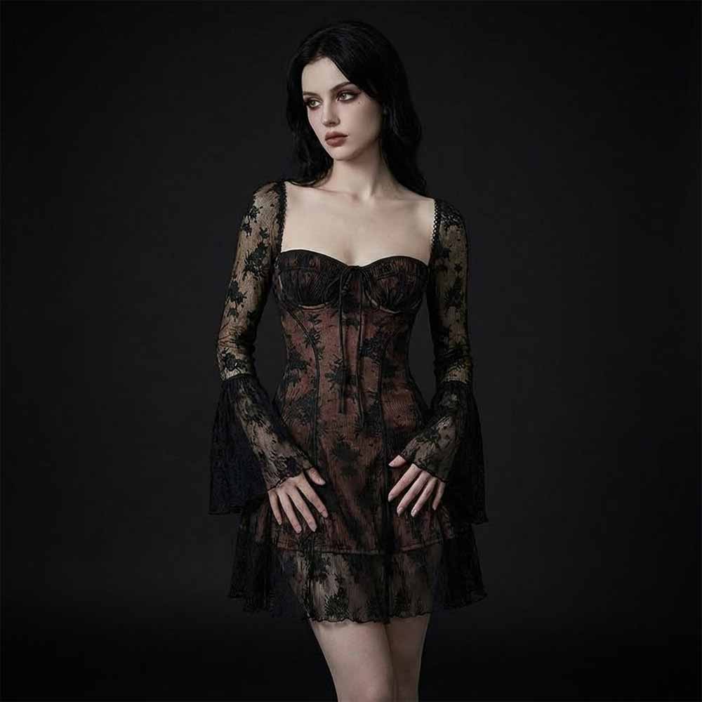 Floral Pattern Lace Tie Front Mini Dress