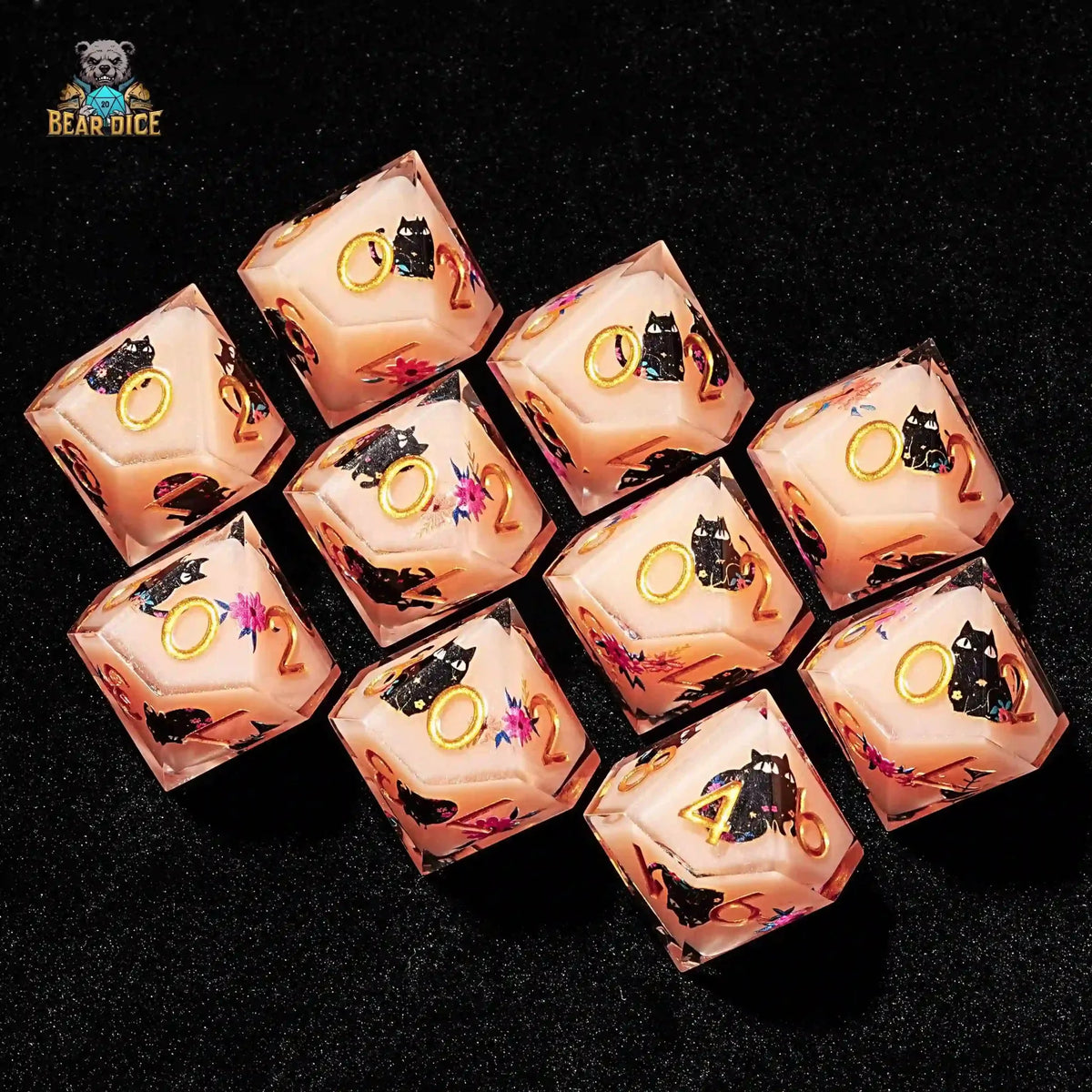 Flower Black Cat 10 Sided Dice Flesh Pink Resin D&D D10 Dice