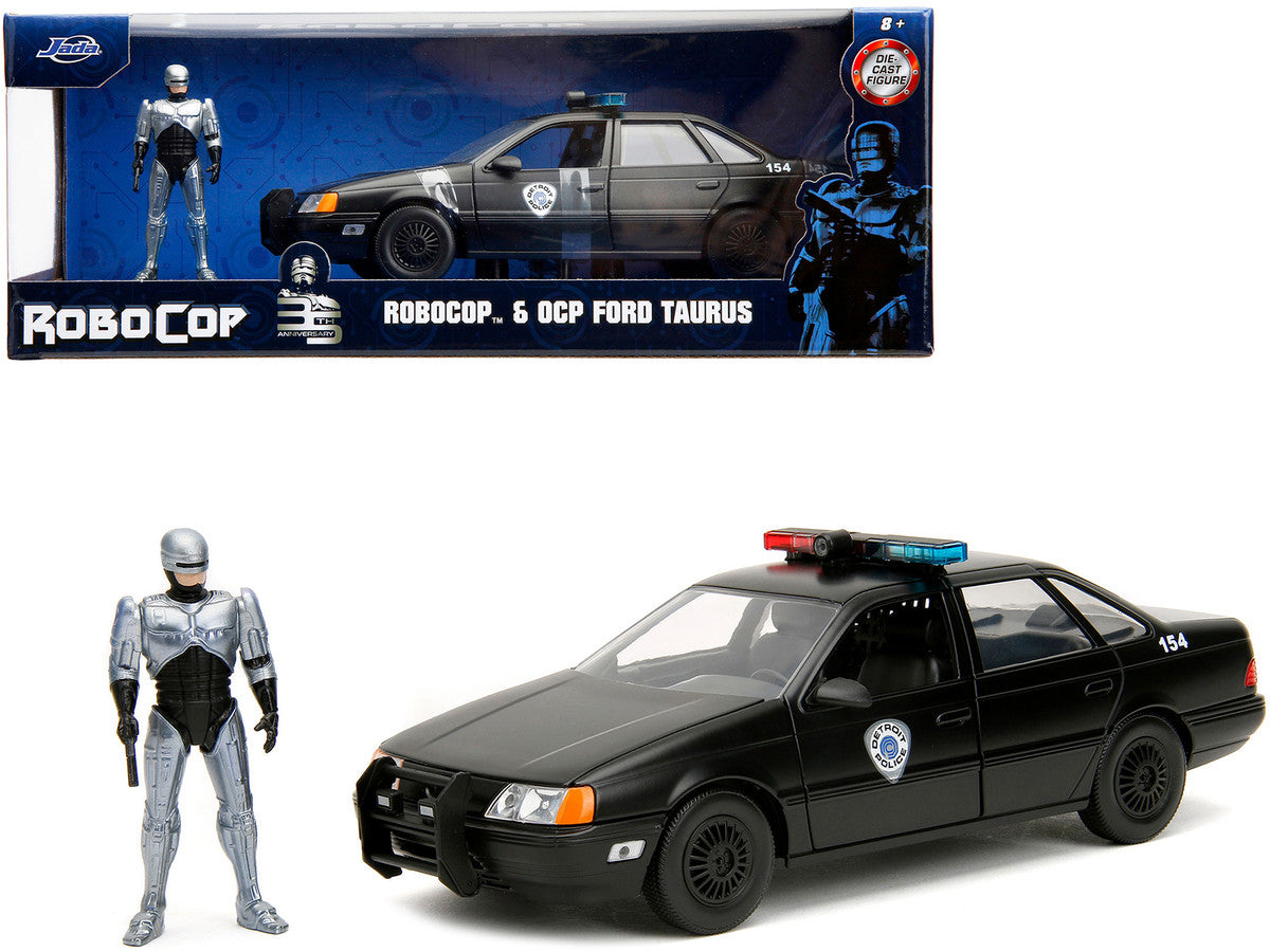 Ford Taurus OCP Matt Black "Detroit Police" and Robocop Diecast Figure 35th Anniversary "Robocop" (1987) Movie "Hollywood Rides" Series 1/24 Diecast Model Car by Jada