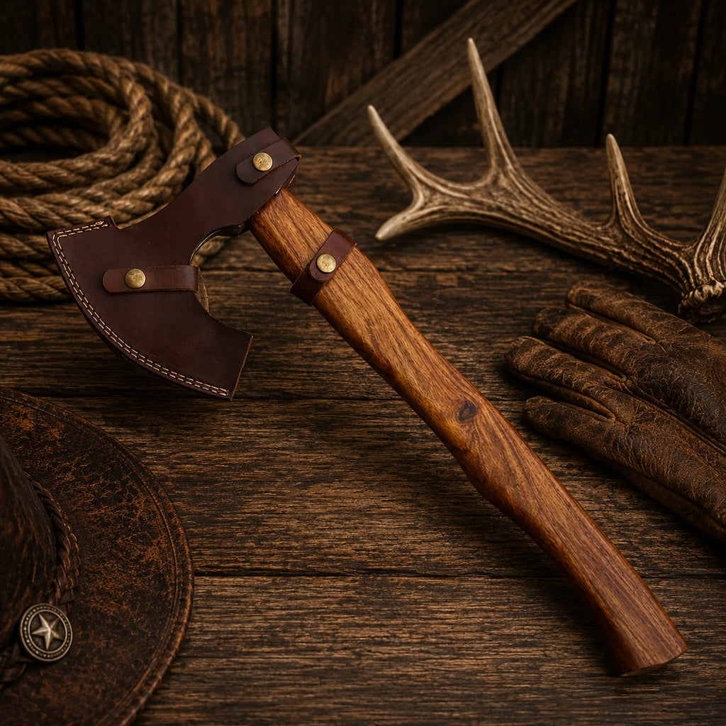 Custom Handmade Damascus Steel Axe Hatchet with Rosewood Handle & Sheath