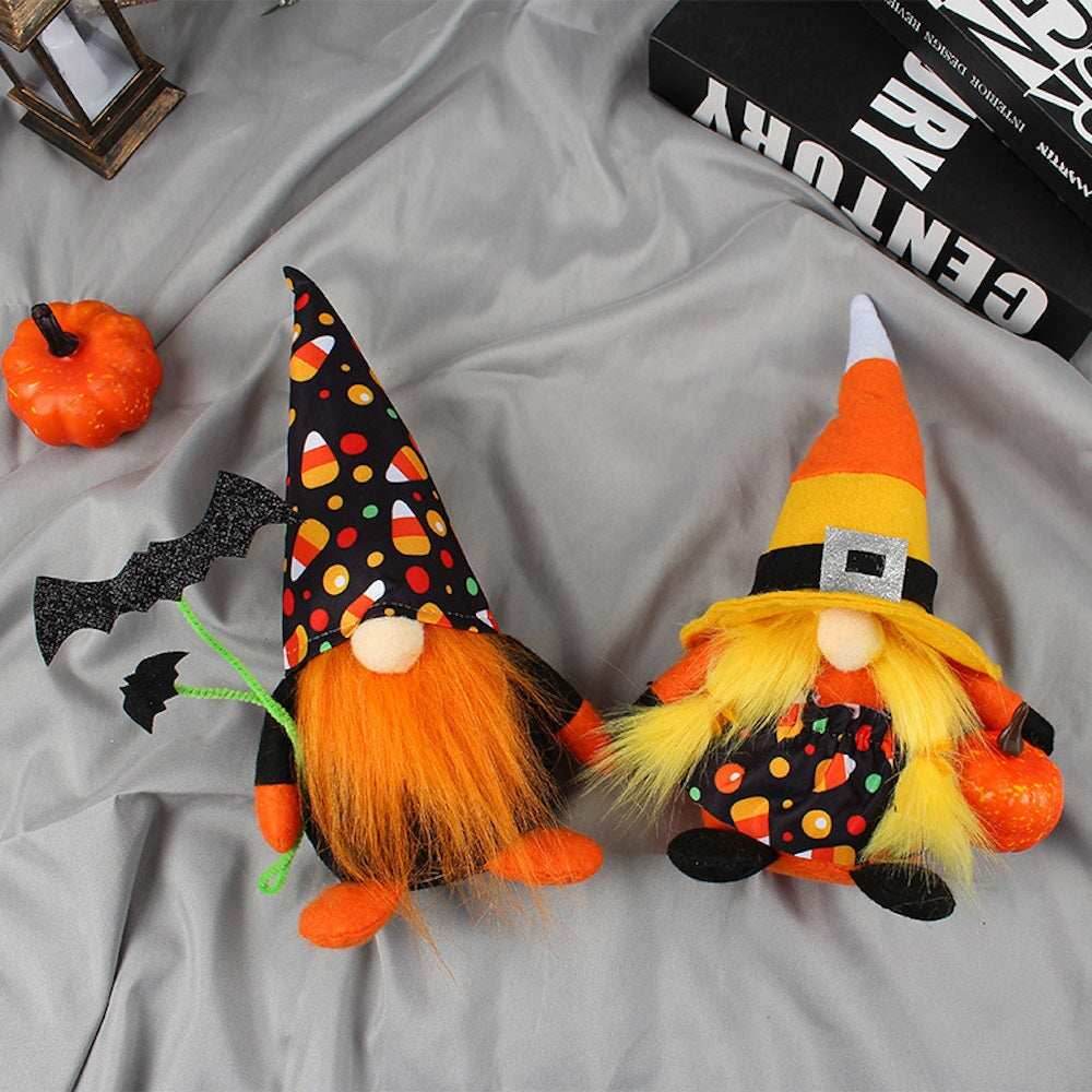 Candy Corn Themed Halloween Gnomes, Black Orange and Yellow Plush Colors - Set of Two