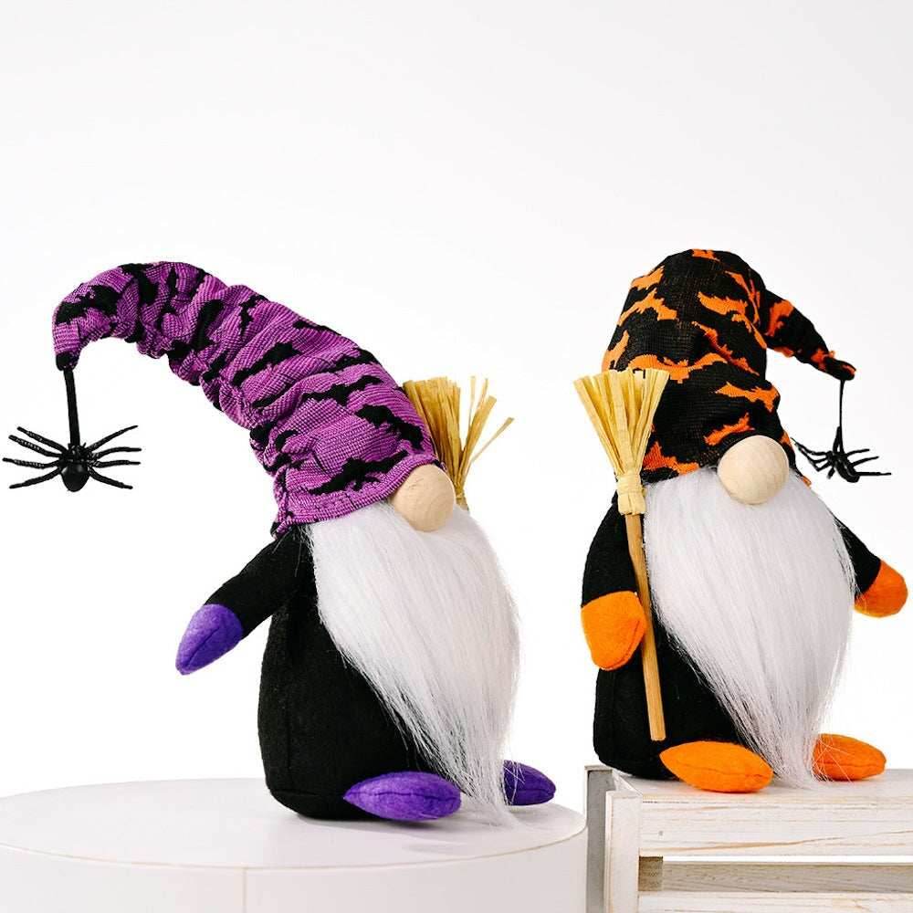 Halloween Gnome Set with Bat and Spider Accents, Orange and Purple Individual Gnomes Holding Broom - Set of Two