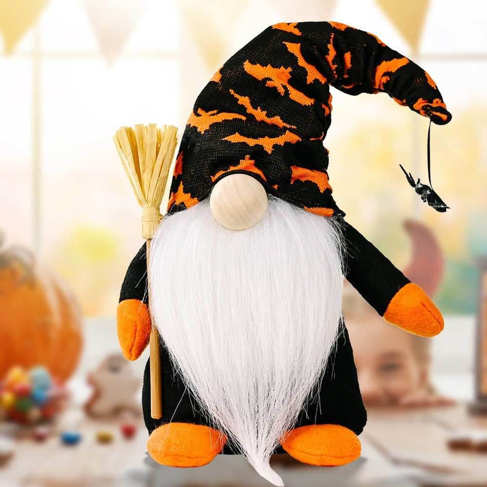 Halloween Gnome Set with Bat and Spider Accents, Orange and Purple Individual Gnomes Holding Broom - Set of Two