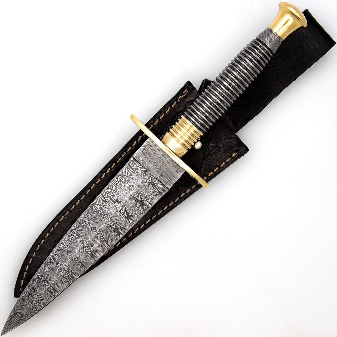 Full Damascus Steel Commando Knife with Brass Fittings and Leather Sheath