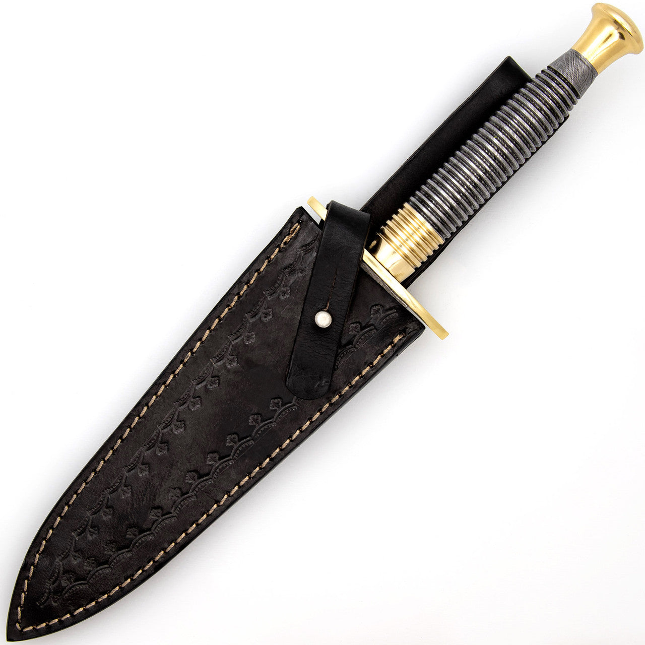 Full Damascus Steel Commando Knife with Brass Fittings and Leather Sheath