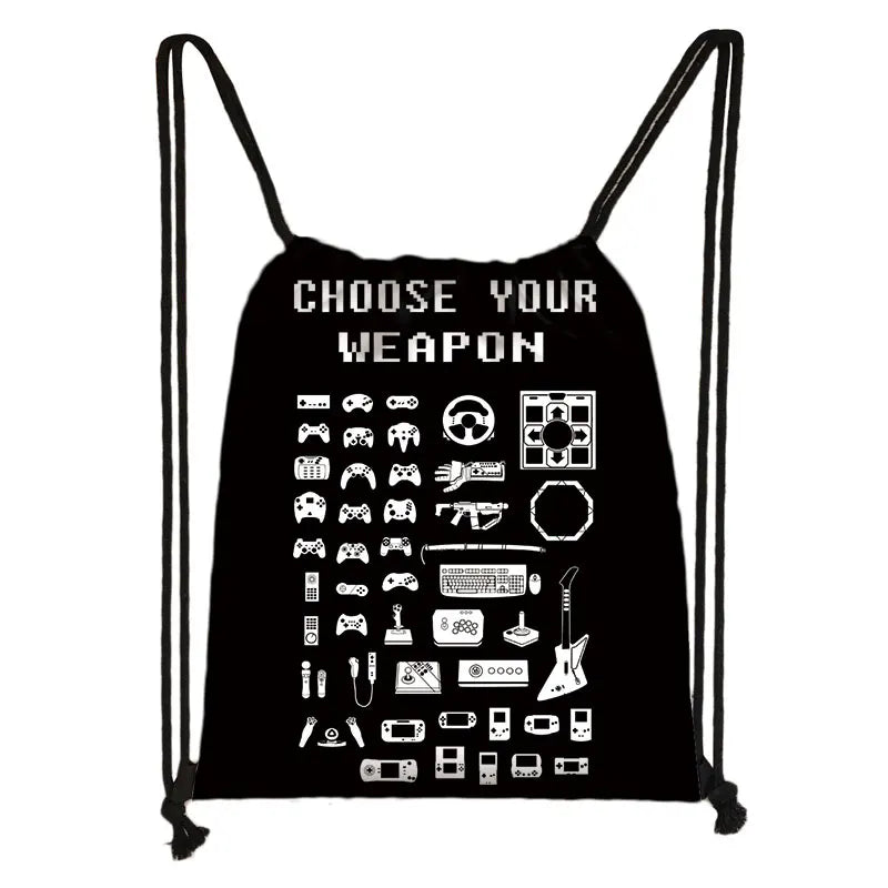 Funny Choose Your Weapon Gamer Print Drawstring Bag Women Men Backpacks Video Game Fan Shoulder Bag for Travel Shoes Holder