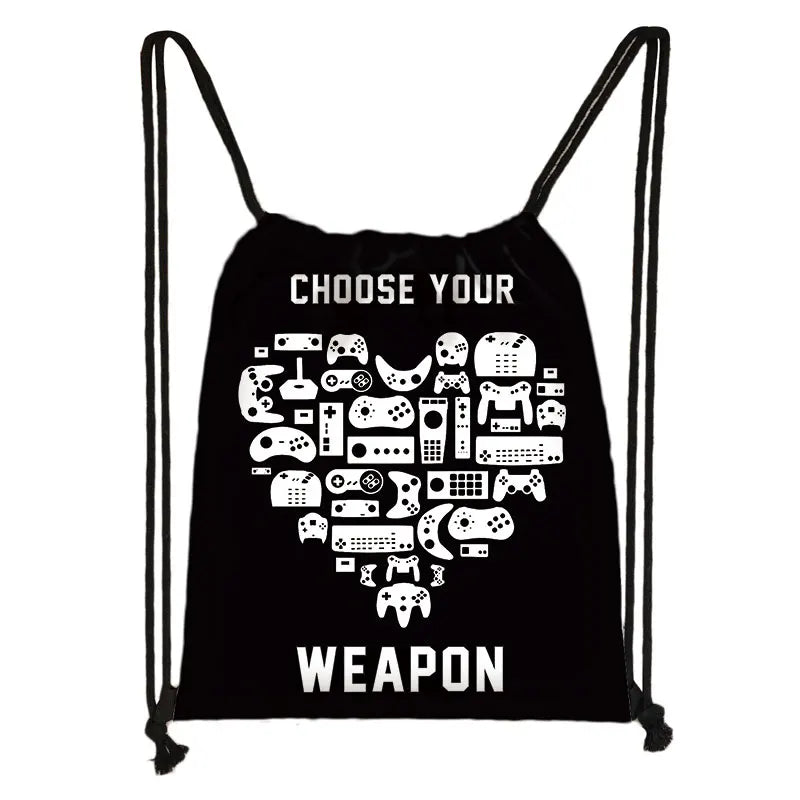 Funny Choose Your Weapon Gamer Print Drawstring Bag Women Men Backpacks Video Game Fan Shoulder Bag for Travel Shoes Holder