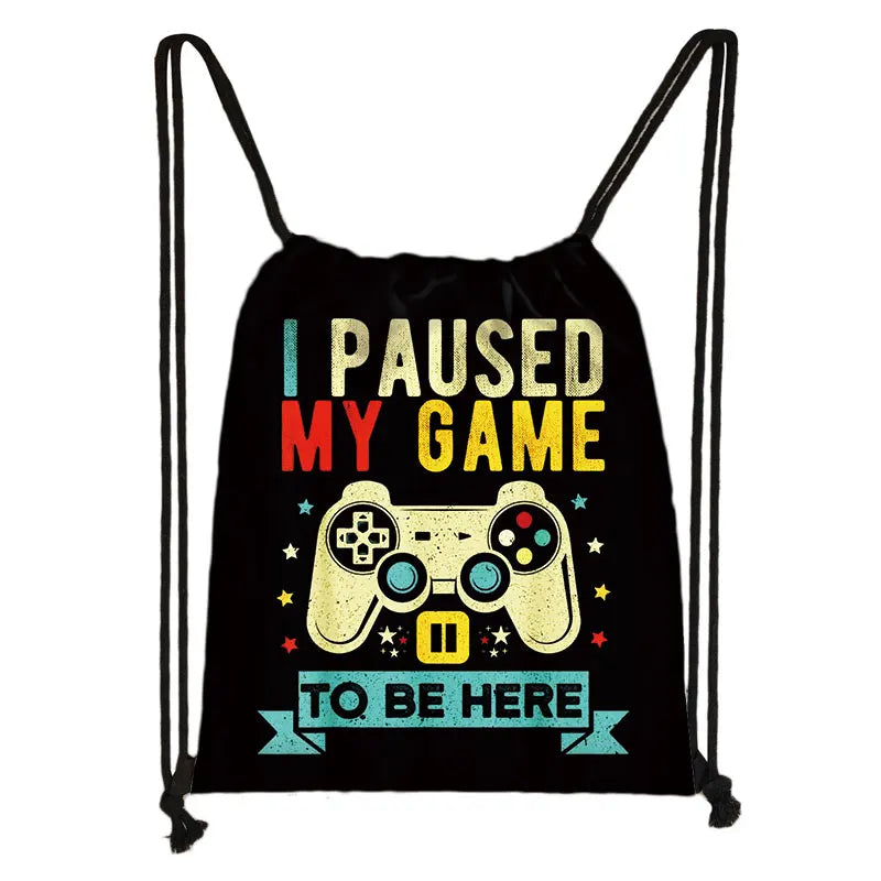 Funny Choose Your Weapon Gamer Print Drawstring Bag Women Men Backpacks Video Game Fan Shoulder Bag for Travel Shoes Holder