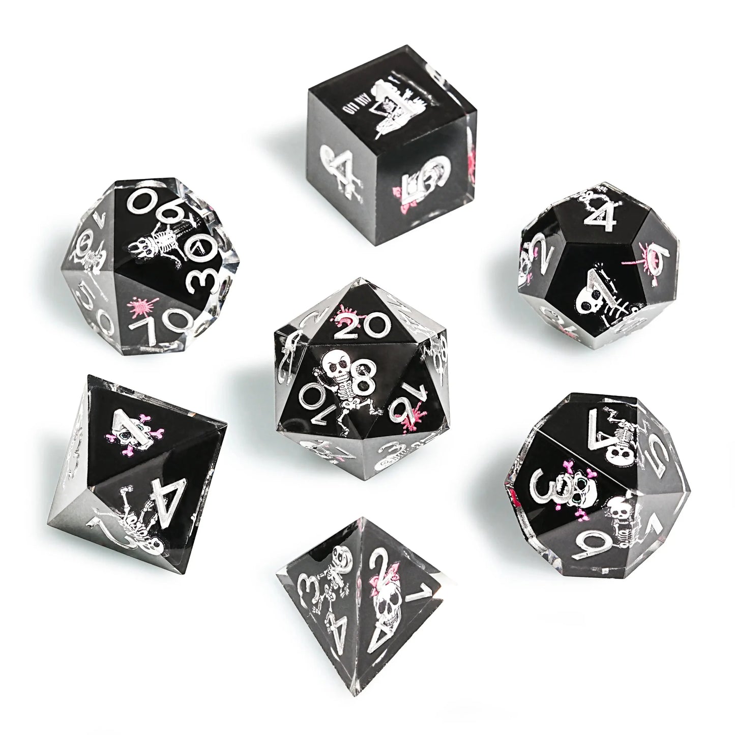 Funny Skull Black Resin DND Dice Set + Silver Numbers