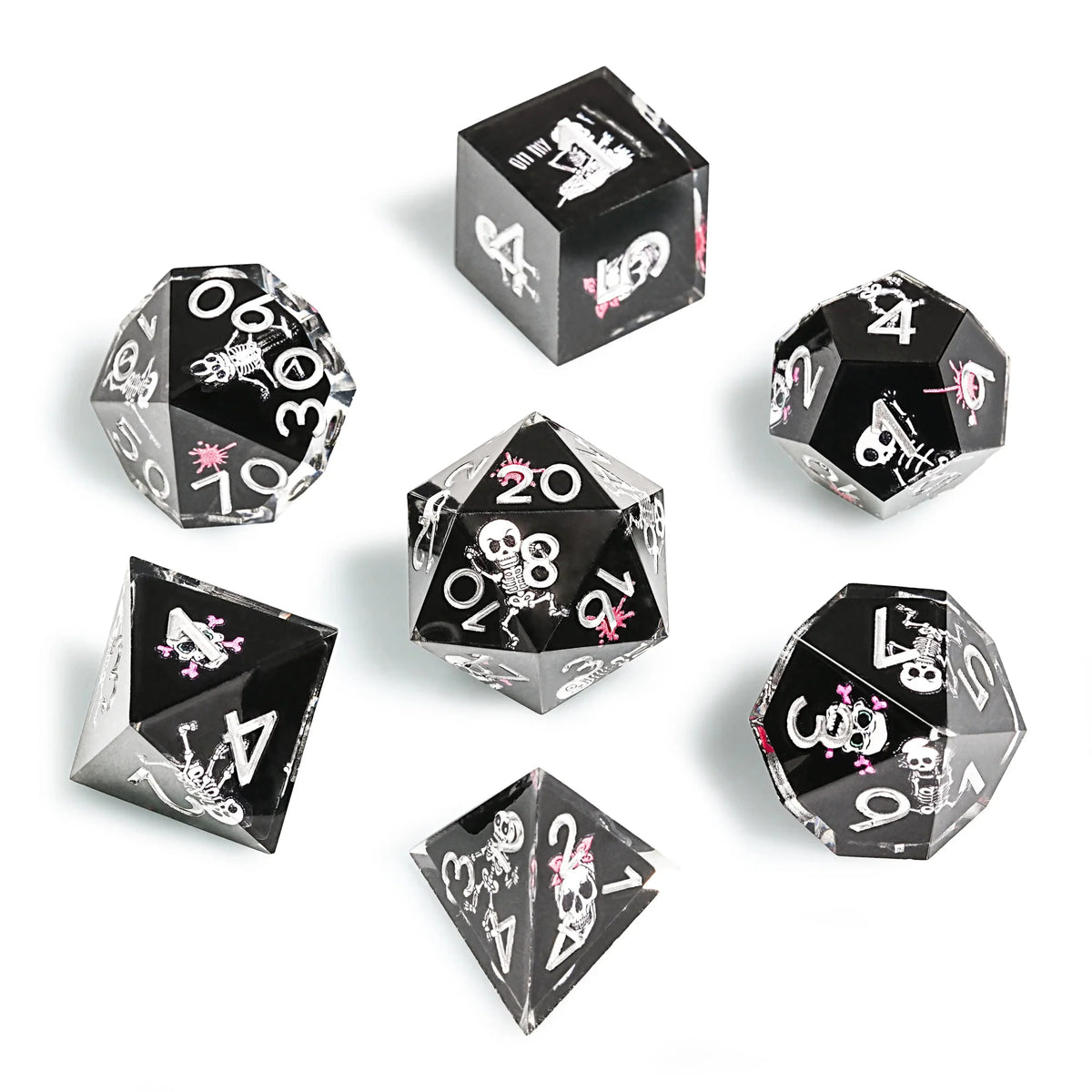 Funny Skull Black Resin DND Dice Set + Silver Numbers