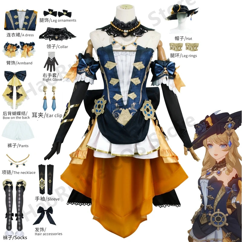 Game Genshin Impact Navia Cosplay Costume Wig Dress Uniform Fontaine Spina Di Rosula Hat Earrings Gloves Necklace Clorinde Party