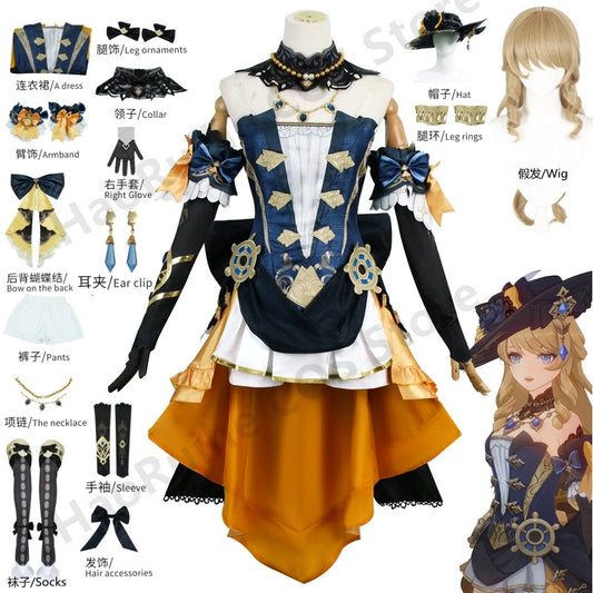 Game Genshin Impact Navia Cosplay Costume Wig Dress Uniform Fontaine Spina Di Rosula Hat Earrings Gloves Necklace Clorinde Party