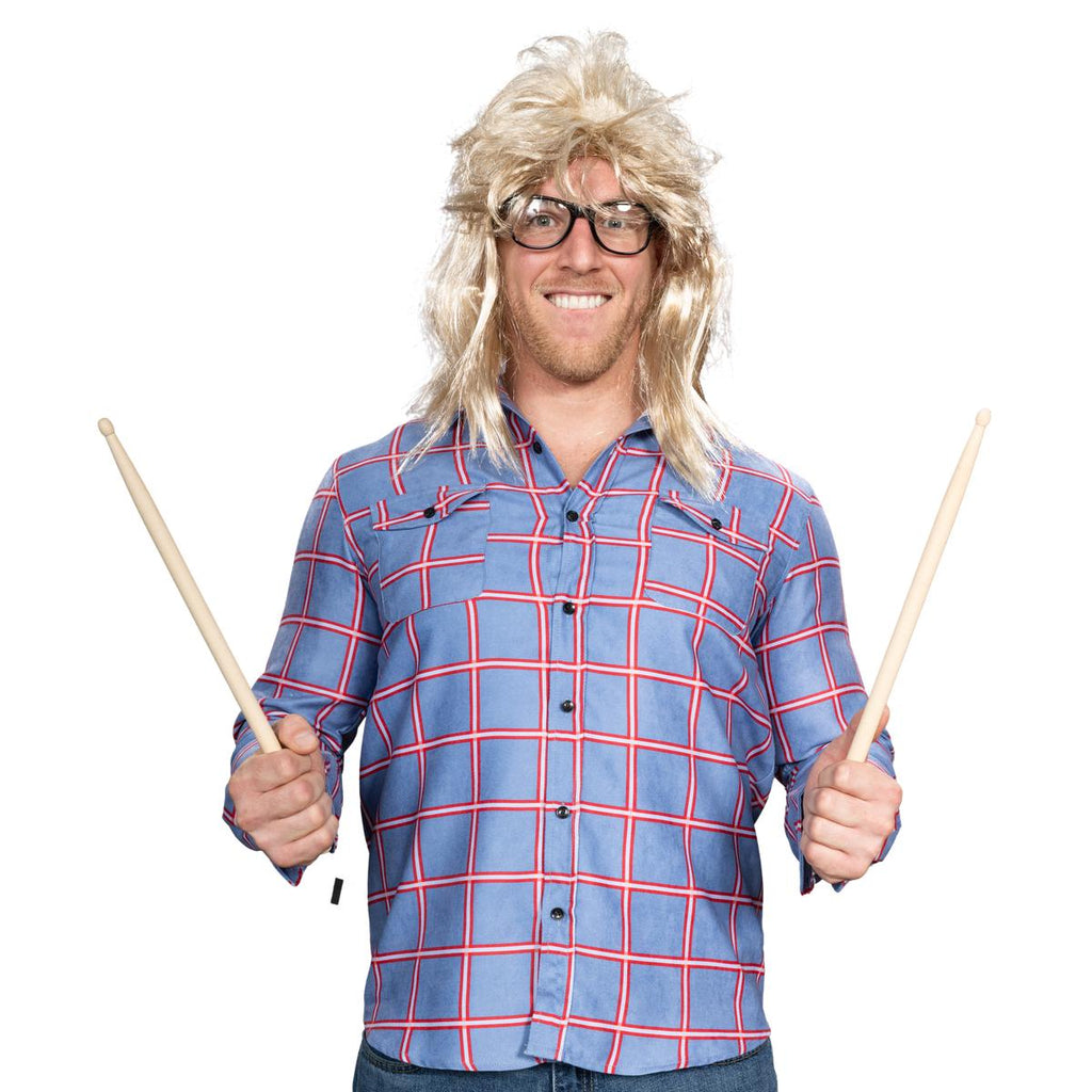 Garth Funny Tv Show Character Cosplay Button Down Flannel Shirt Wig and Drumstick Halloween Costume Set