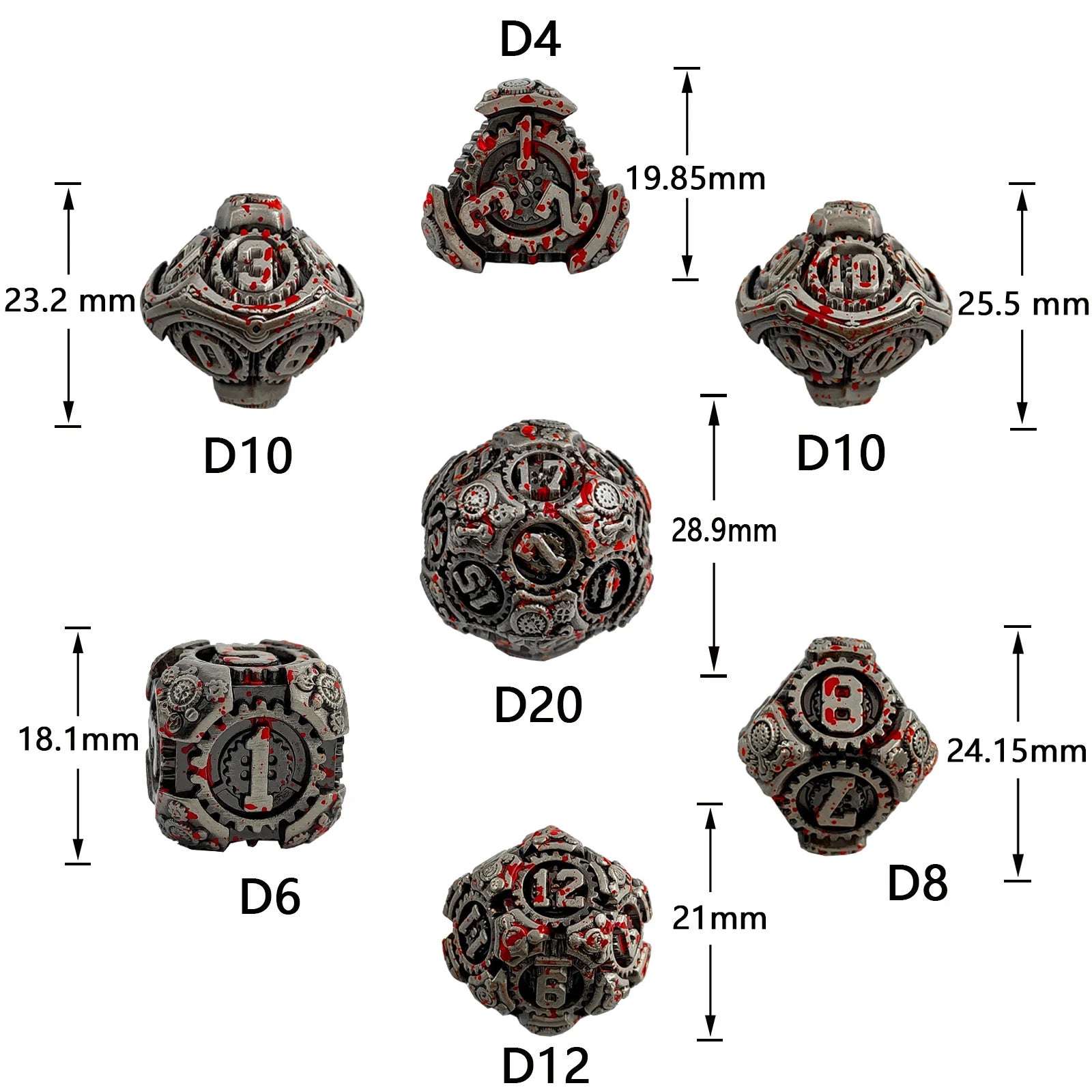 Gear Solid Metal DND Dice Set Antique Red Brass