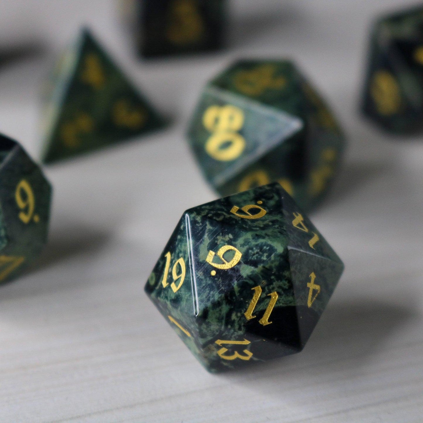 Gemstone Green Eyed Hand Carved DND Dice Set