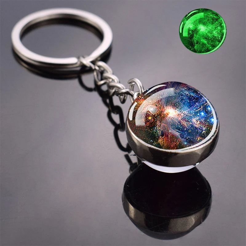 Glow In The Dark Multicolor Planet Galaxy Keychain Universe Key Chain Outer Space Astronomical Jewelry Glass Ball Keyring