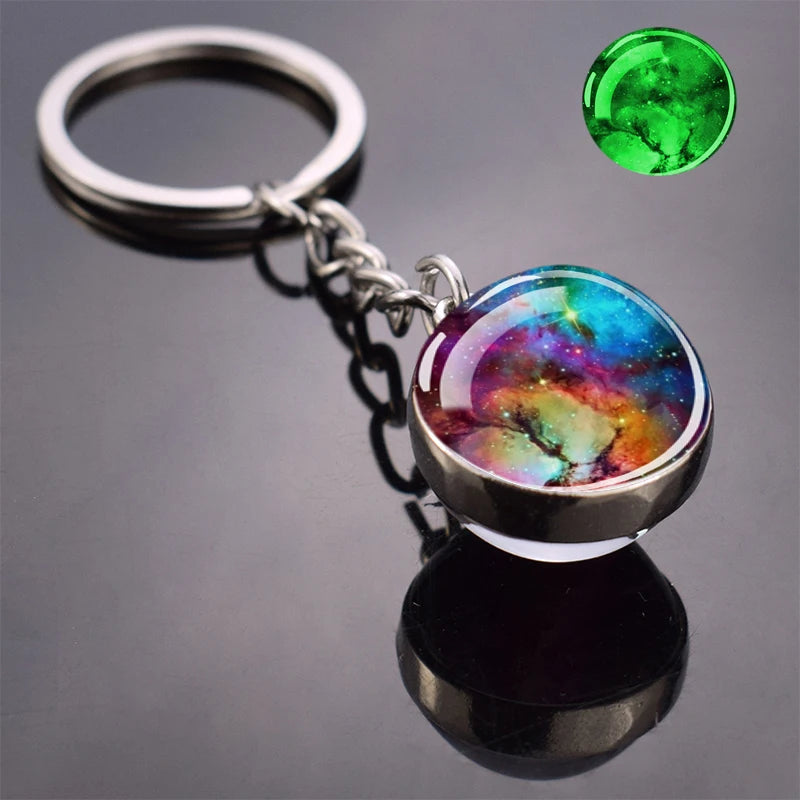 Glow In The Dark Multicolor Planet Galaxy Keychain Universe Key Chain Outer Space Astronomical Jewelry Glass Ball Keyring