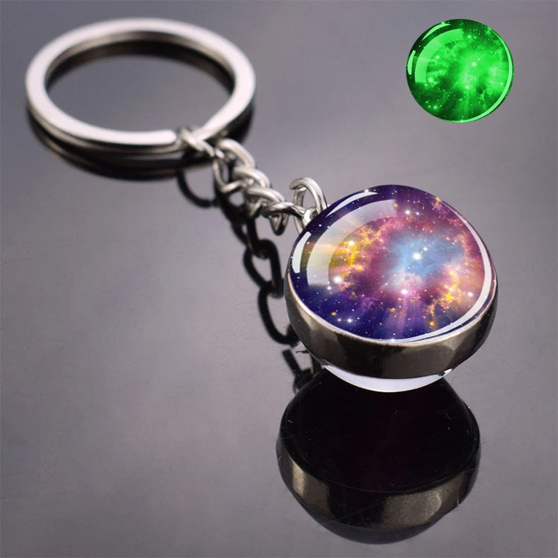 Glow In The Dark Multicolor Planet Galaxy Keychain Universe Key Chain Outer Space Astronomical Jewelry Glass Ball Keyring