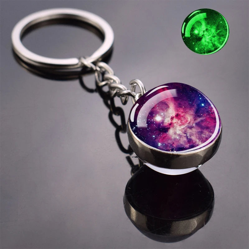 Glow In The Dark Multicolor Planet Galaxy Keychain Universe Key Chain Outer Space Astronomical Jewelry Glass Ball Keyring