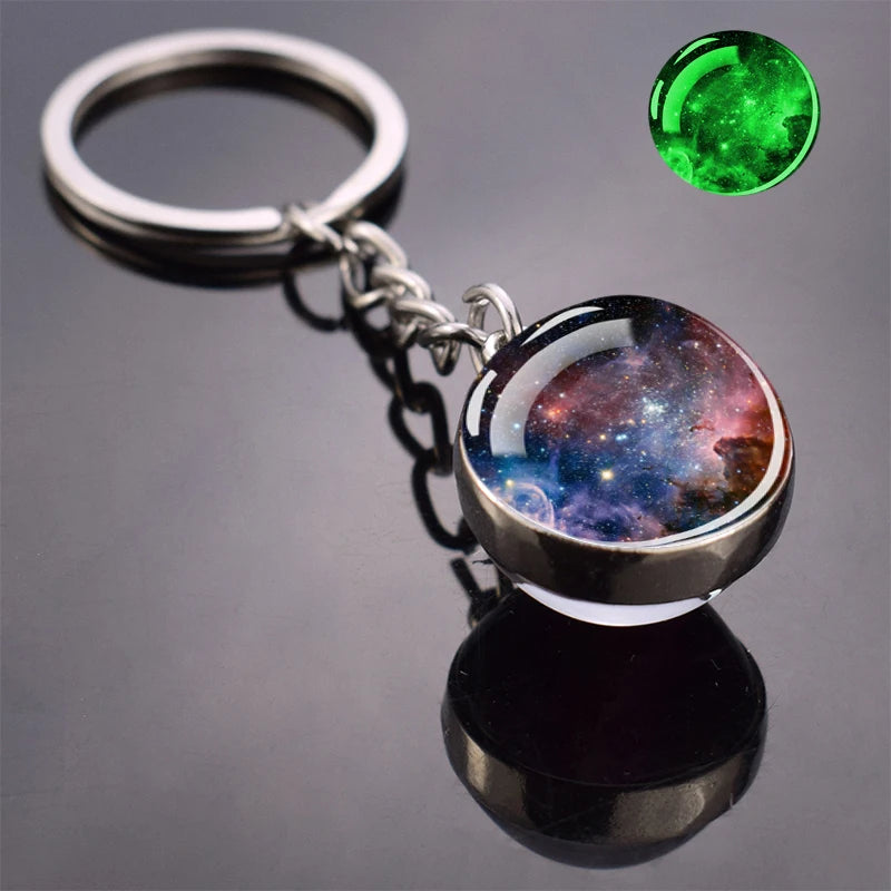 Glow In The Dark Multicolor Planet Galaxy Keychain Universe Key Chain Outer Space Astronomical Jewelry Glass Ball Keyring