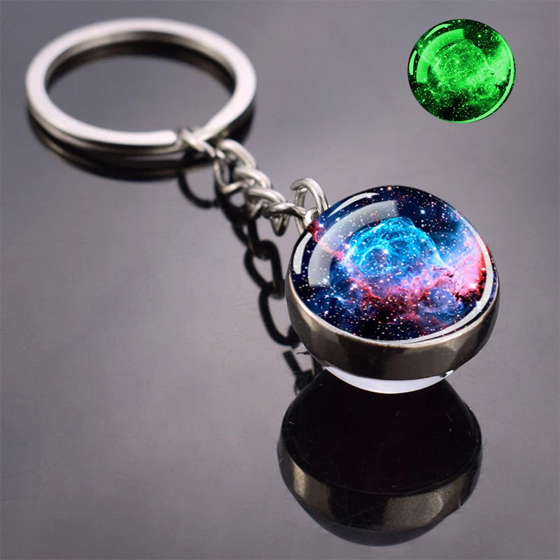 Glow In The Dark Multicolor Planet Galaxy Keychain Universe Key Chain Outer Space Astronomical Jewelry Glass Ball Keyring