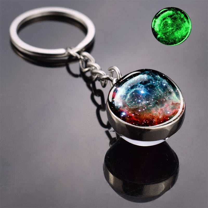 Glow In The Dark Multicolor Planet Galaxy Keychain Universe Key Chain Outer Space Astronomical Jewelry Glass Ball Keyring