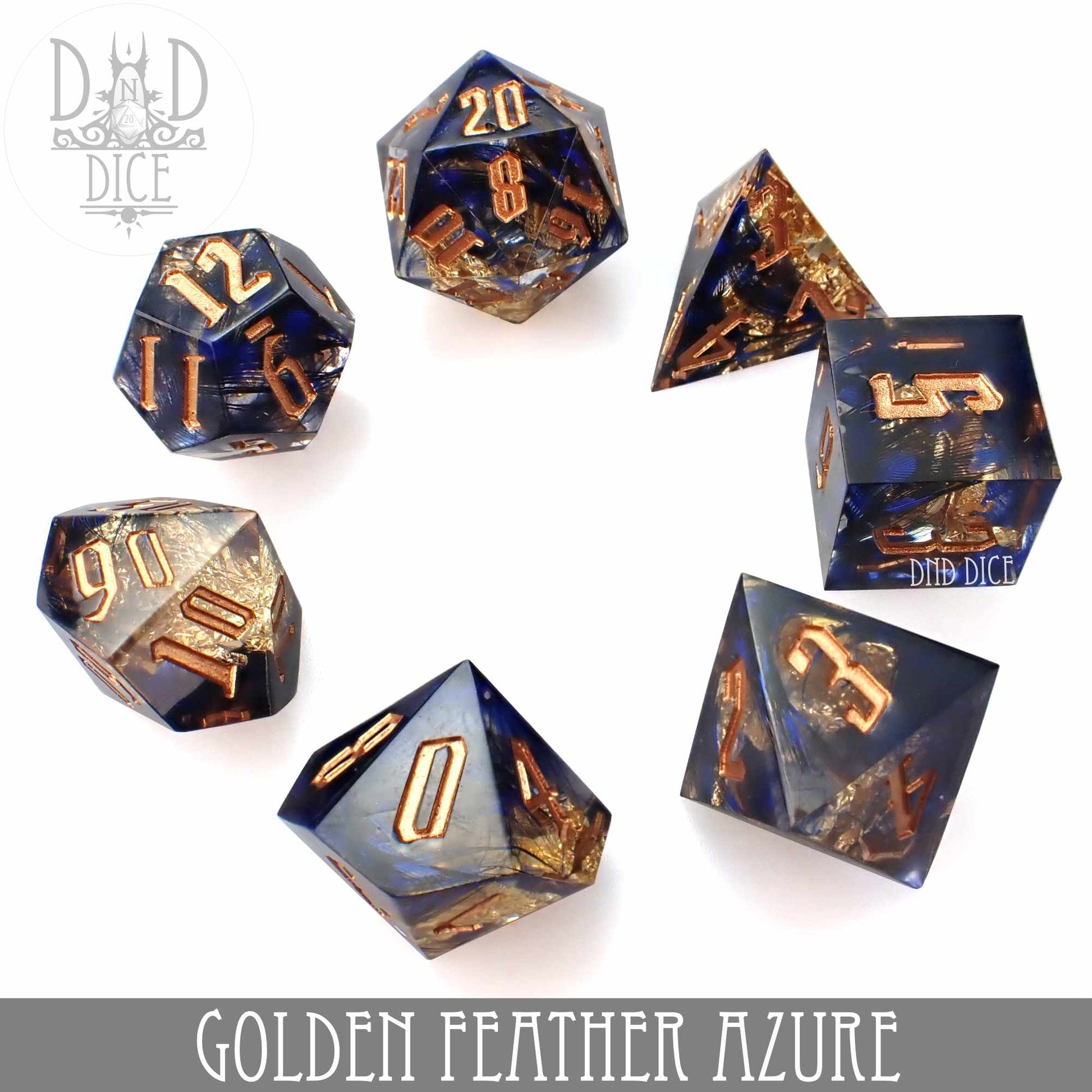 Golden Feather Azure Handmade Dice Set