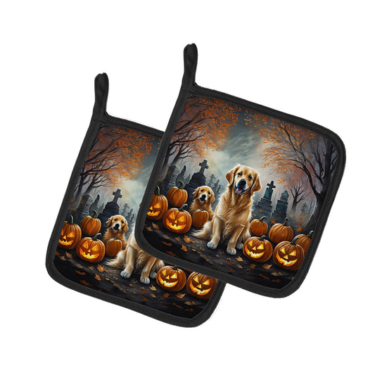 Golden Retriever Spooky Halloween Pair of Pot Holders Kitchen Heat Resistant Pot Holders Sets Oven Hot Pads for Cooking Baking BBQ, 7 1/2 x 7 1/2